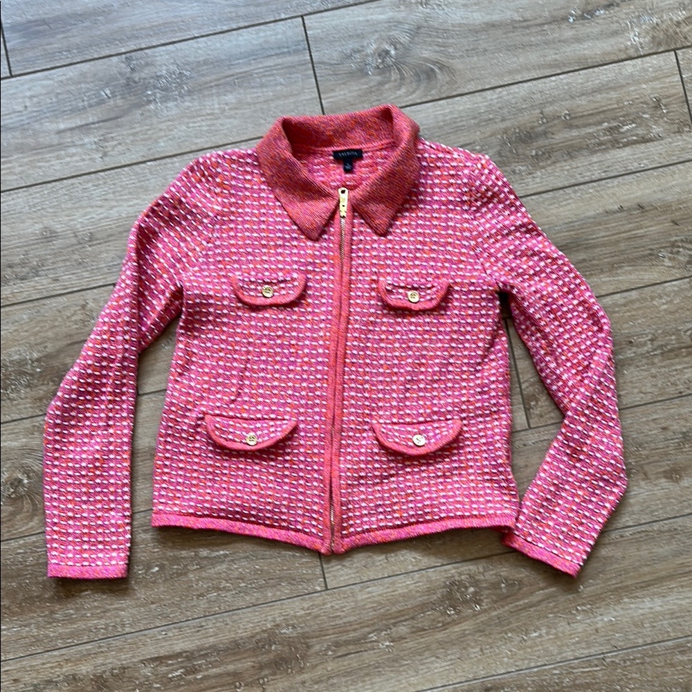 Talbots Pink White and Orange Tweed Sweater Jacket with Gold Accents Size S - Picture 2 of 11
